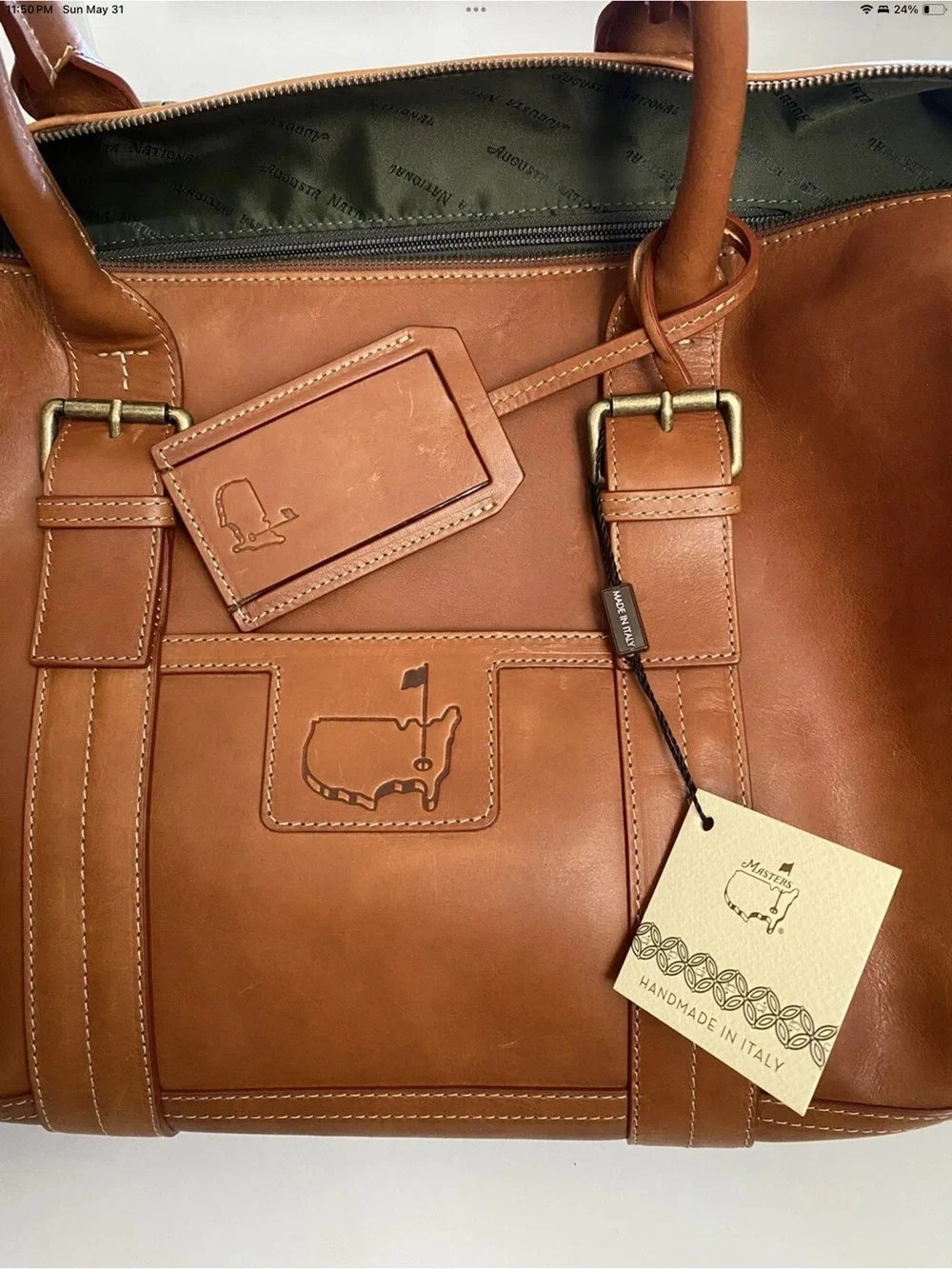 Masters Leather Duffel Bag in Rich Tan with Luggage Tag